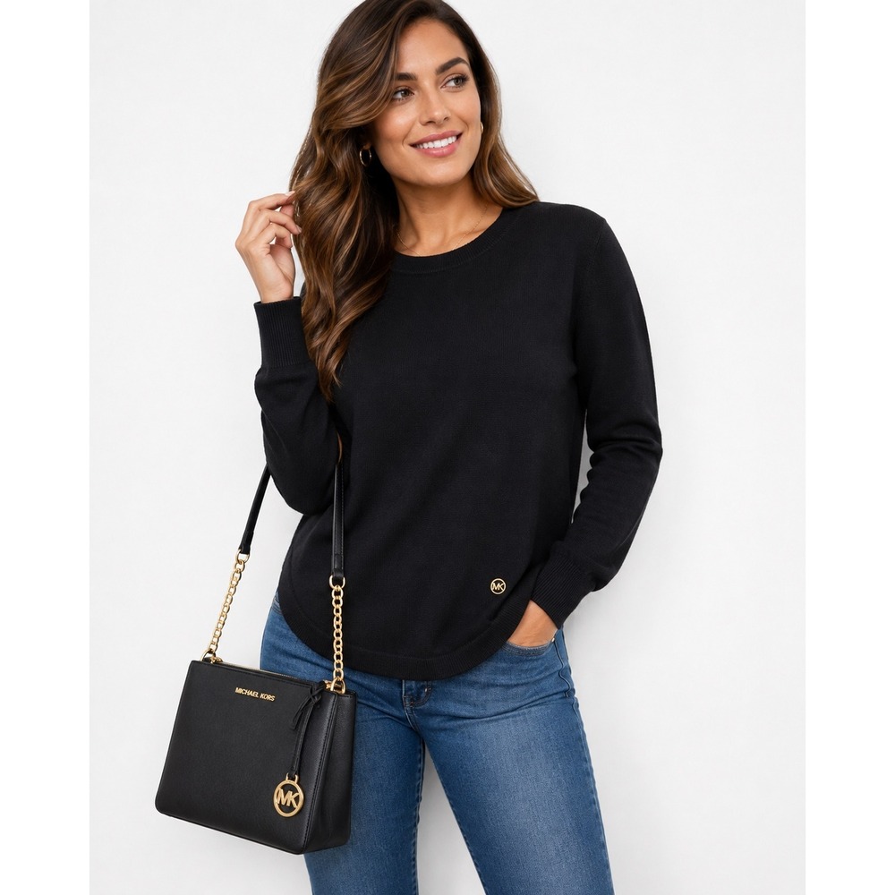 Michael Kors Womens XL Black Knit Crewneck Sweater High Low Hem RN111818
